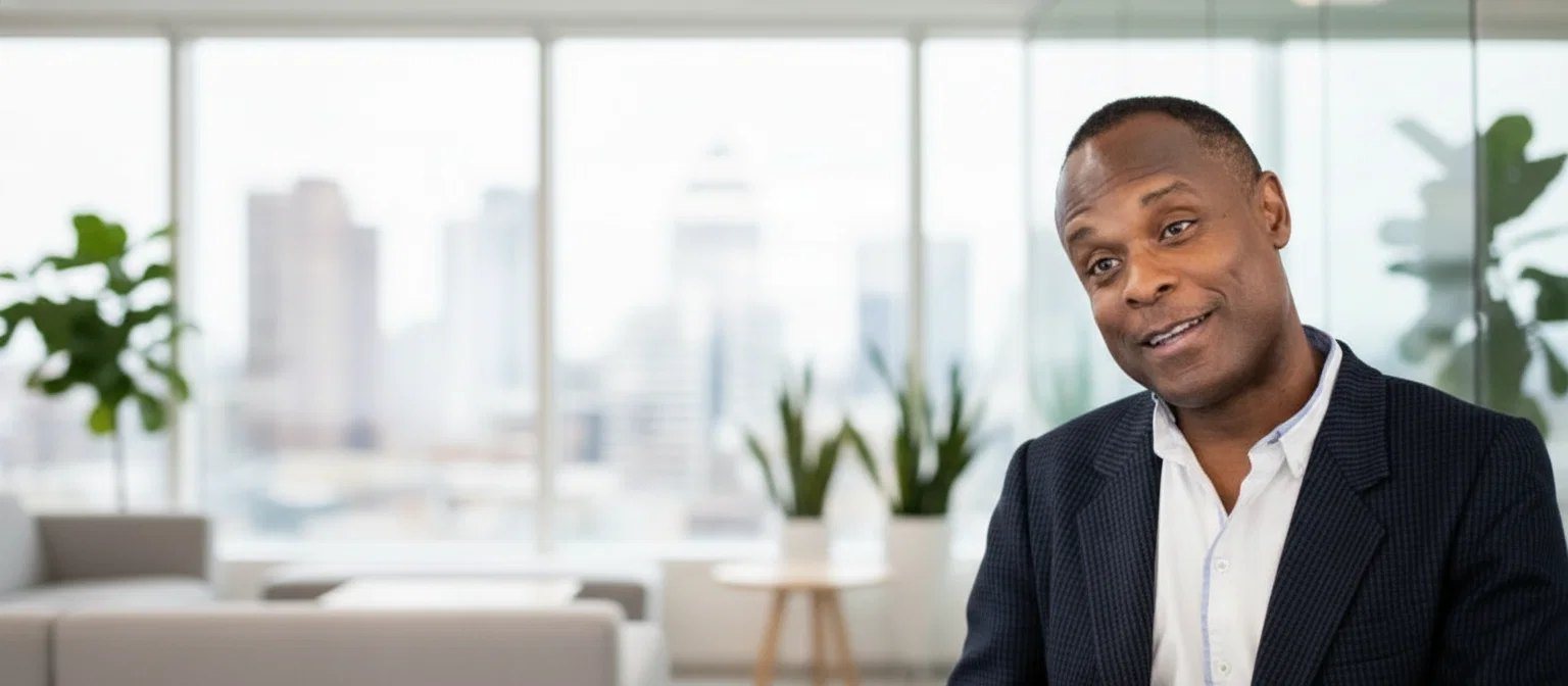 Antoine Joseph in conversation in a bright city office