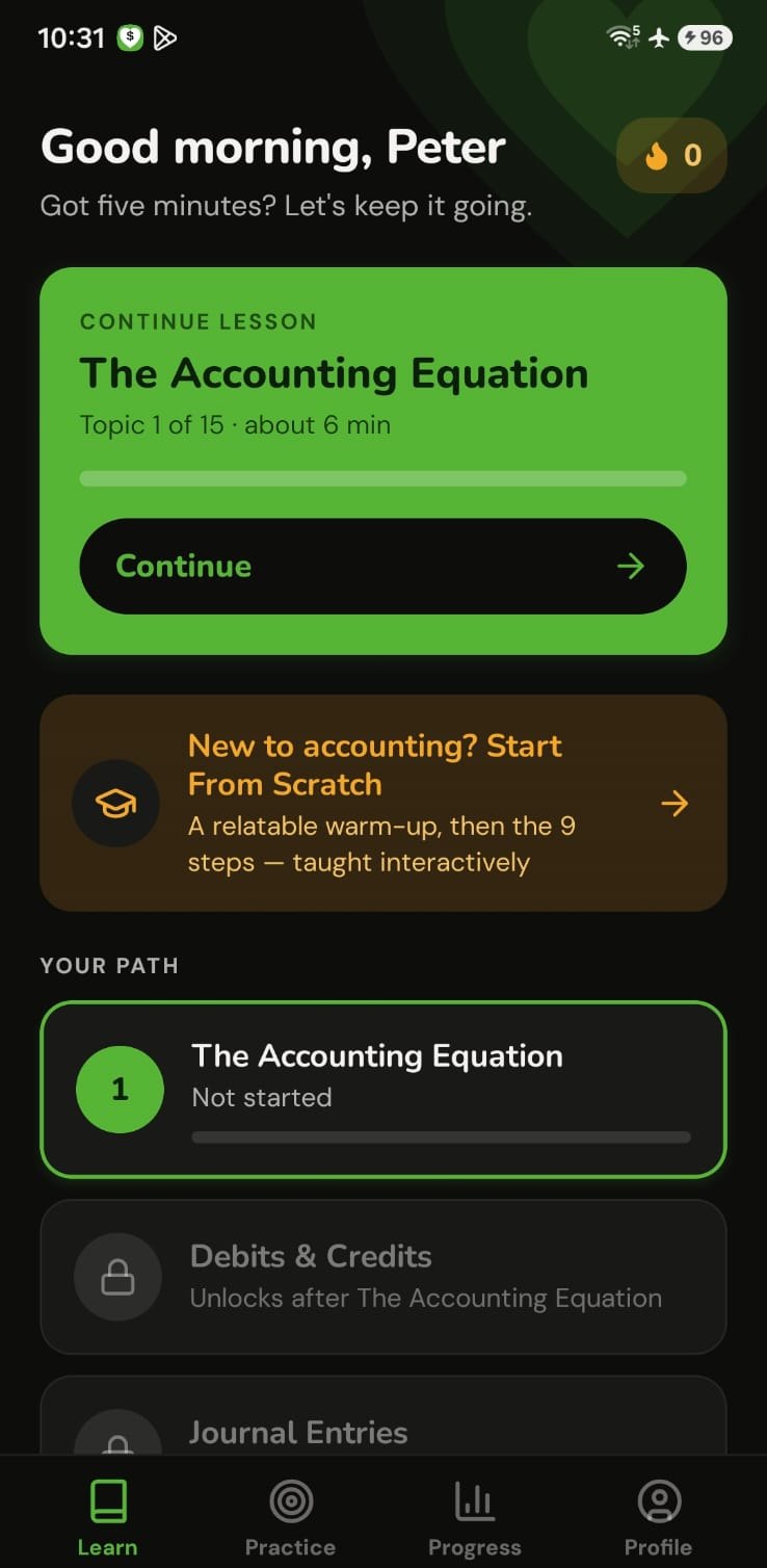 iLuvAccounting app: Learn screen showing the lesson path and Start From Scratch